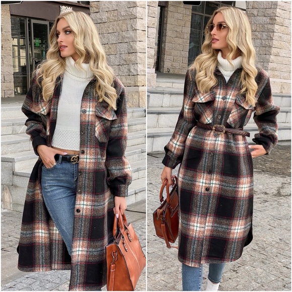 Jackets & Blazers - black red plaid pocket button down long coat